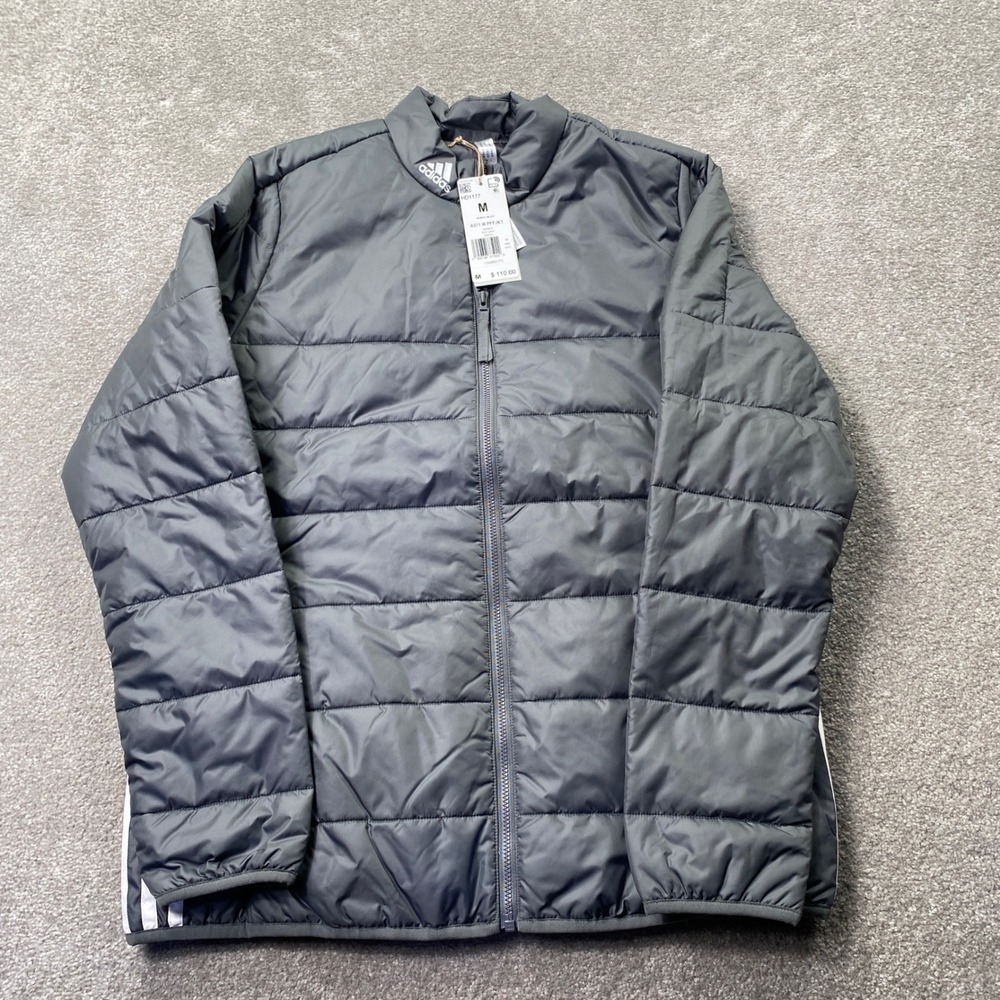 Adidas Puffer Jacket Women Size M Grey Golf Full Zip Quilted 3-Stripes HD1177